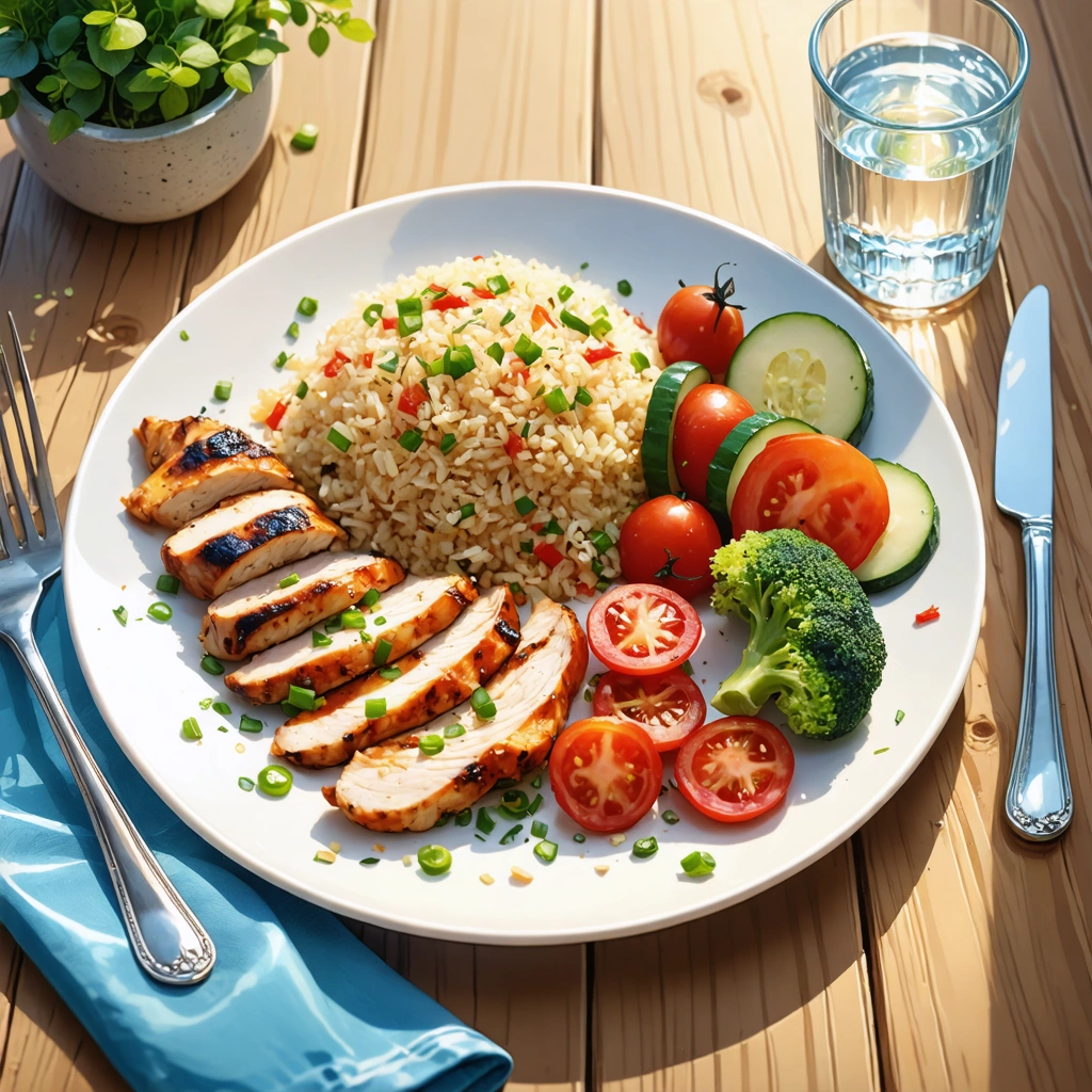 Repas équilibré pour perdre du poids avec poulet grillé, légumes vapeur et quinoa.