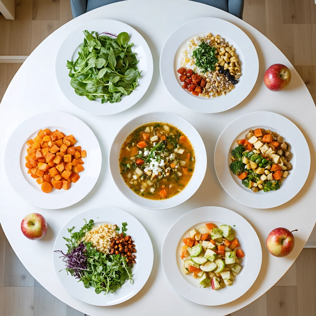 Table de cuisine avec cinq assiettes contenant de petits repas équilibrés, des pommes fraîches et un bol de soupe maison aux légumes pour illustrer le fractionnement des repas et l'utilisation de coupe-faim naturels.