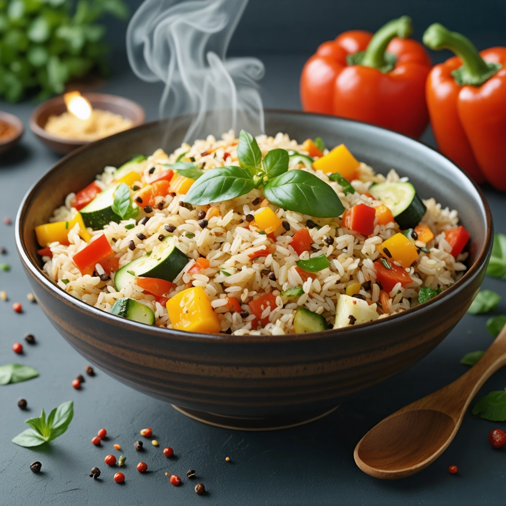 Un bol de riz complet fumant accompagné de légumes sautés colorés comme des poivrons, courgettes et carottes, garni de fines herbes et d'épices, sur une table chaleureuse.