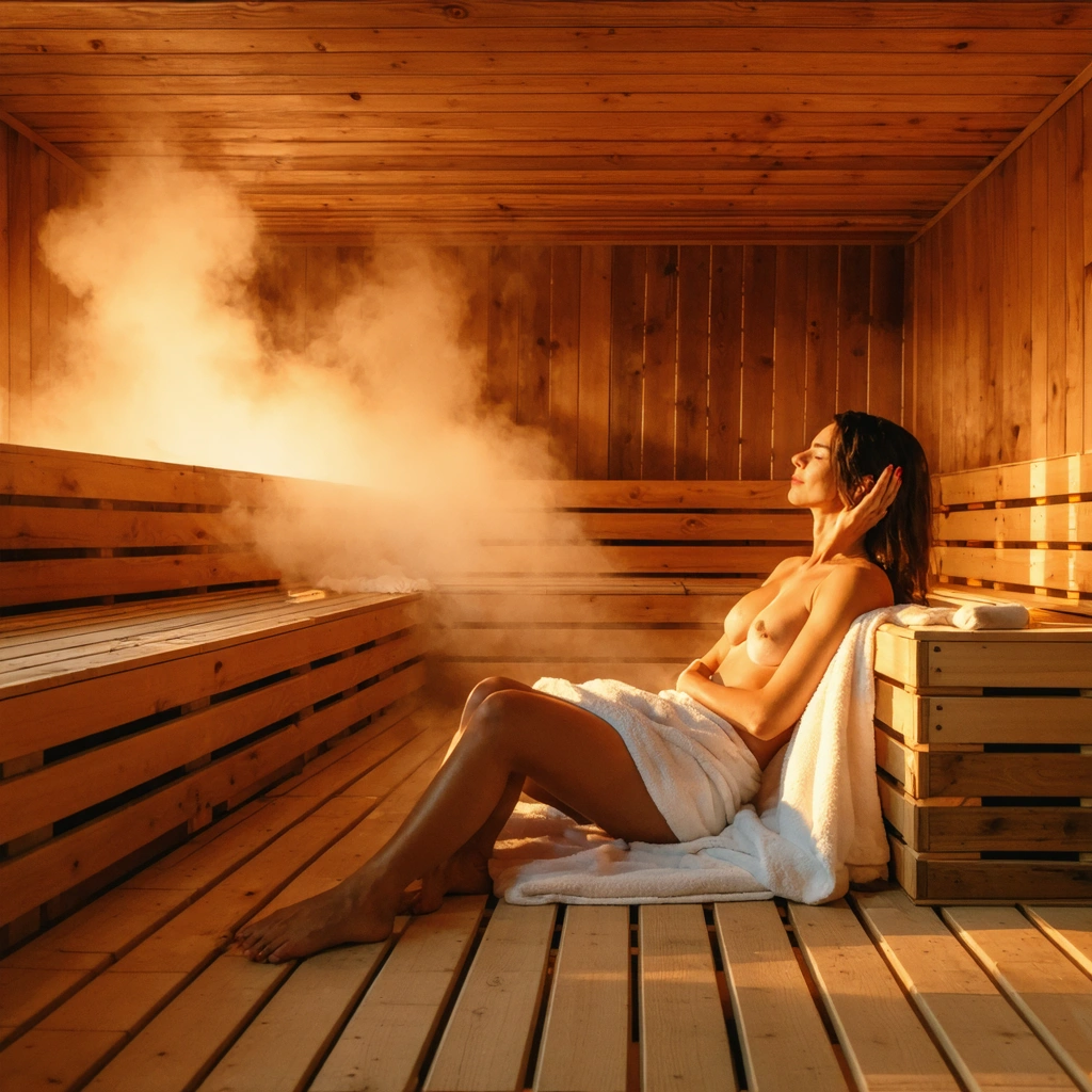 Une femme dans un sauna en bois essuyant sa sueur avec une serviette, symbolisant détente et bien-être.