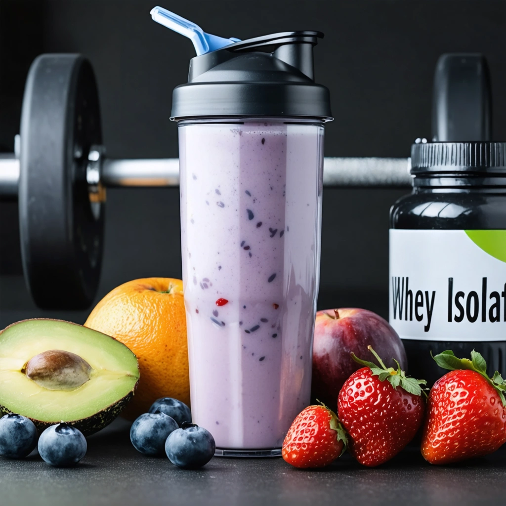 Un shaker rempli de whey protéinée avec des fruits frais et un décor de salle de sport