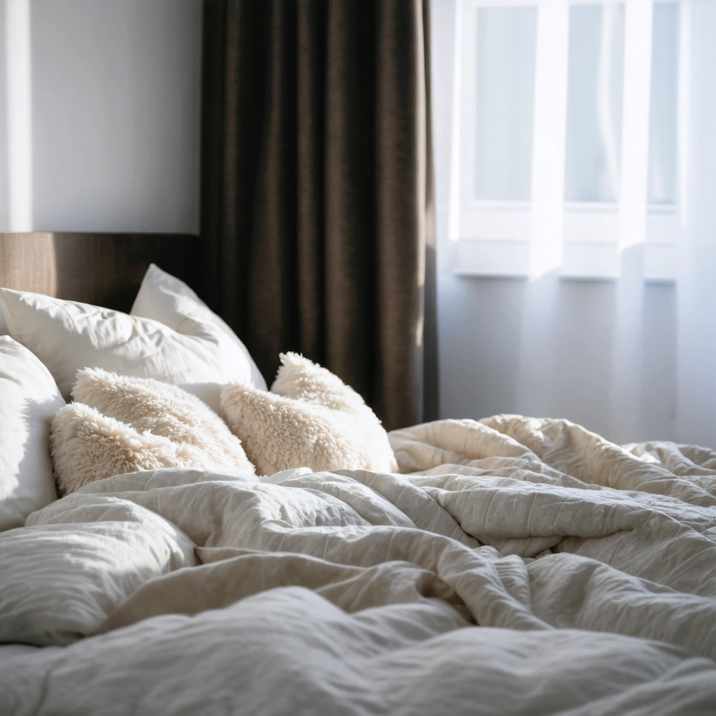 Une chambre calme avec un lit bien fait et une lumière tamisée créant une ambiance propice au sommeil et à la détente.