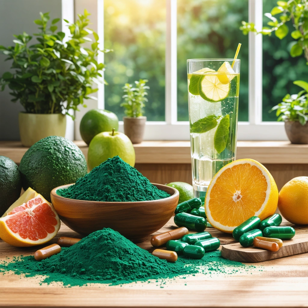 Un bol contenant de la poudre de spiruline entouré de capsules, fruits et un verre d'eau sur une table en bois ensoleillée.