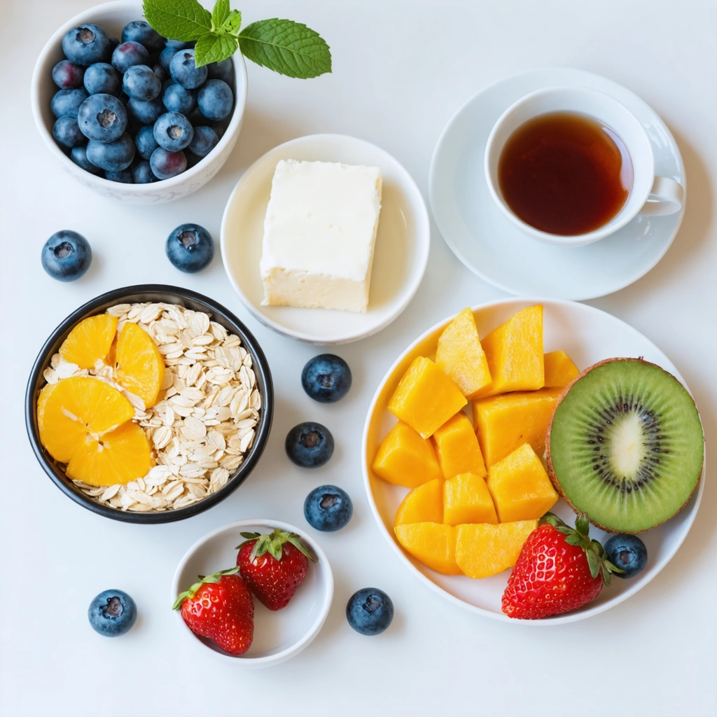 Un petit-déjeuner équilibré avec des fruits frais, des flocons d'avoine et une tasse de thé, idéal pour réduire le sucre.