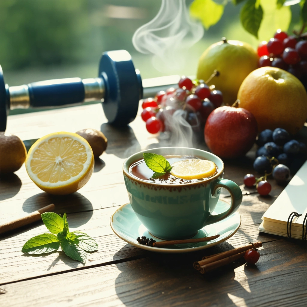 Une tasse de thé noir fumante sur une table en bois avec des citrons et de la menthe.