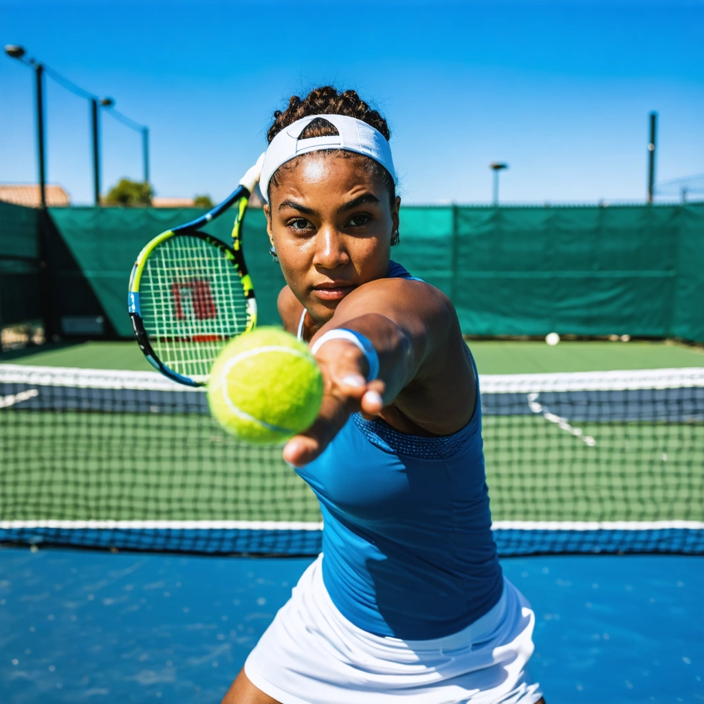 Une personne jouant au tennis sur un court ensoleillé, en train de frapper une balle avec intensité, exprimant une sensation de soulagement et de satisfaction.