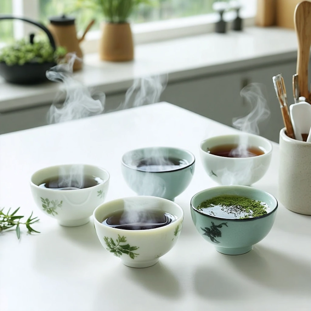 Cinq tasses de thé posées sur une table représentant différents types de thé pour maigrir.