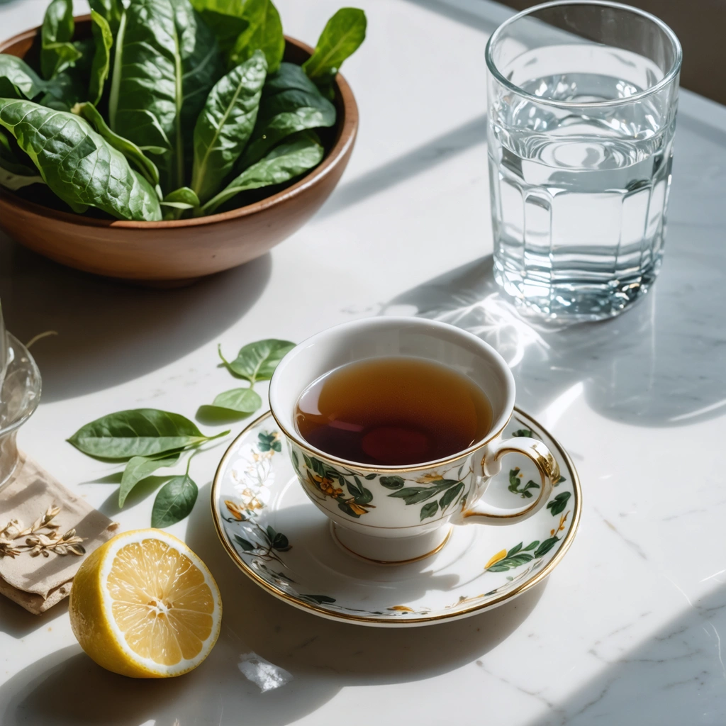Une table avec une tasse de thé noir, des feuilles de thé, une tranche de citron, un bol de légumes et un verre d'eau, symbolisant les effets du thé noir.