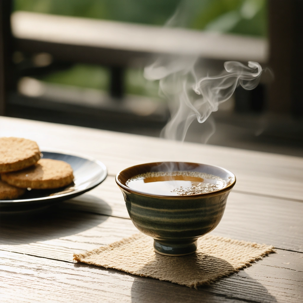 Une tasse de thé oolong fumant dans une tasse en céramique traditionnelle posée sur une table en bois, avec une lumière douce et naturelle en arrière-plan, et une petite assiette de biscuits posée à côté.