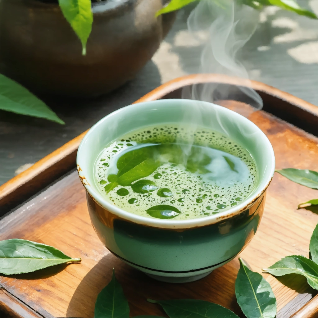 Une tasse de thé vert fumante accompagnée de feuilles de thé sur un plateau en bois au soleil.