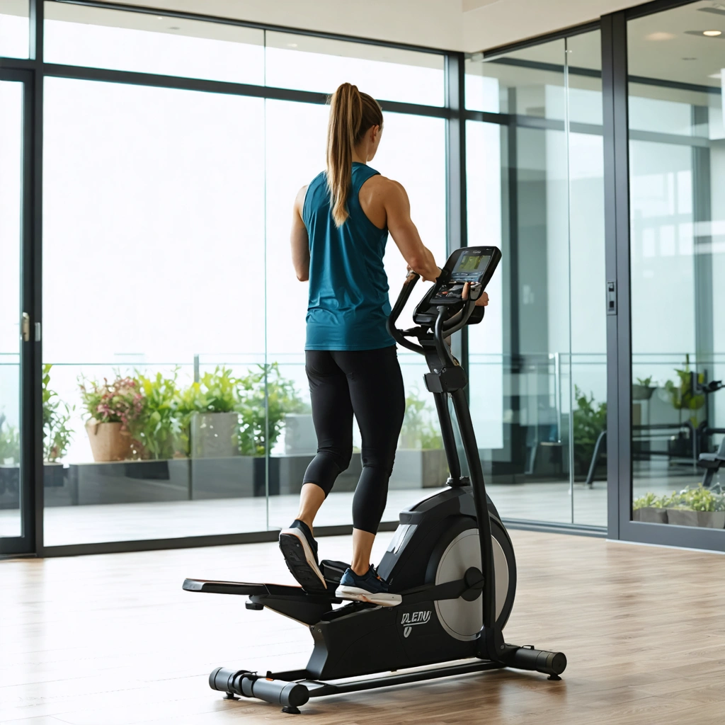 Personne utilisant un vélo elliptique dans une salle de sport lumineuse à domicile.