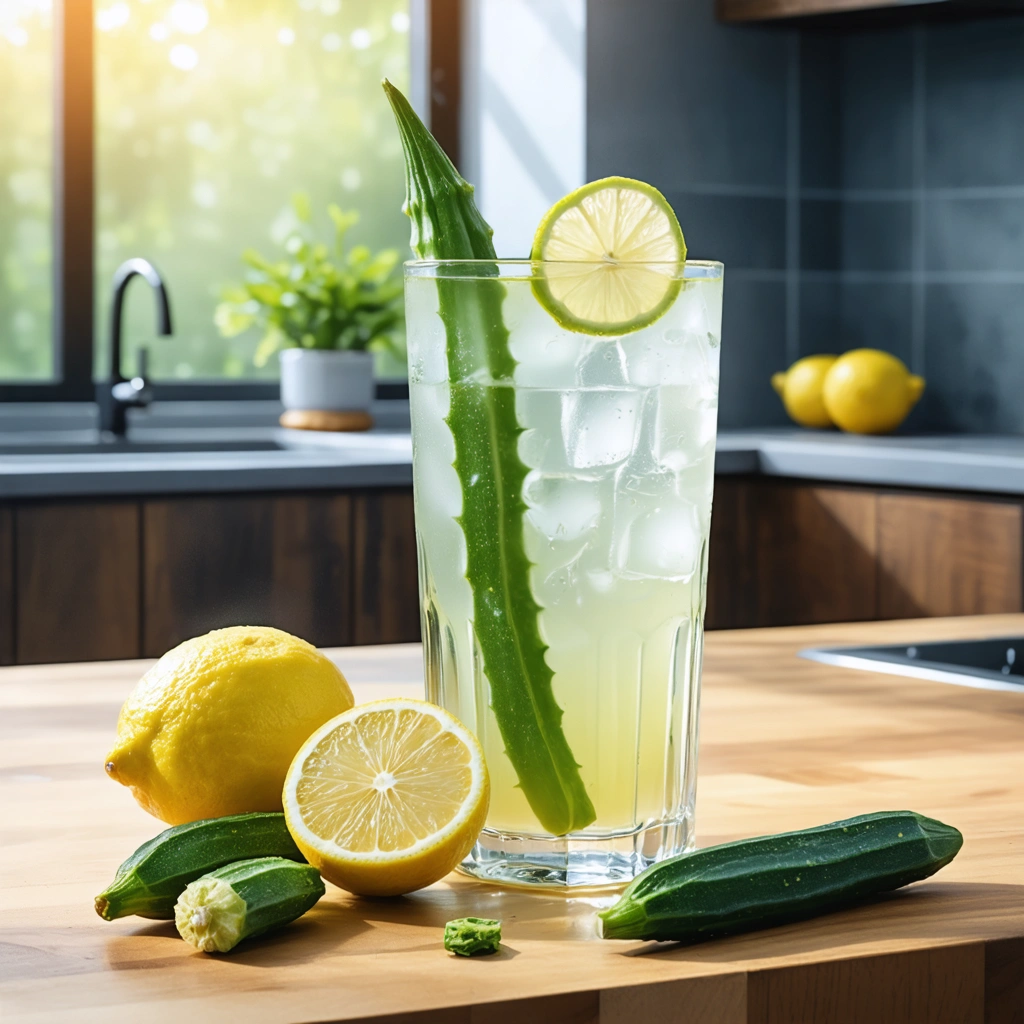 Un verre d'eau de gombo avec des gombos frais et des tranches de citron sur un comptoir de cuisine.