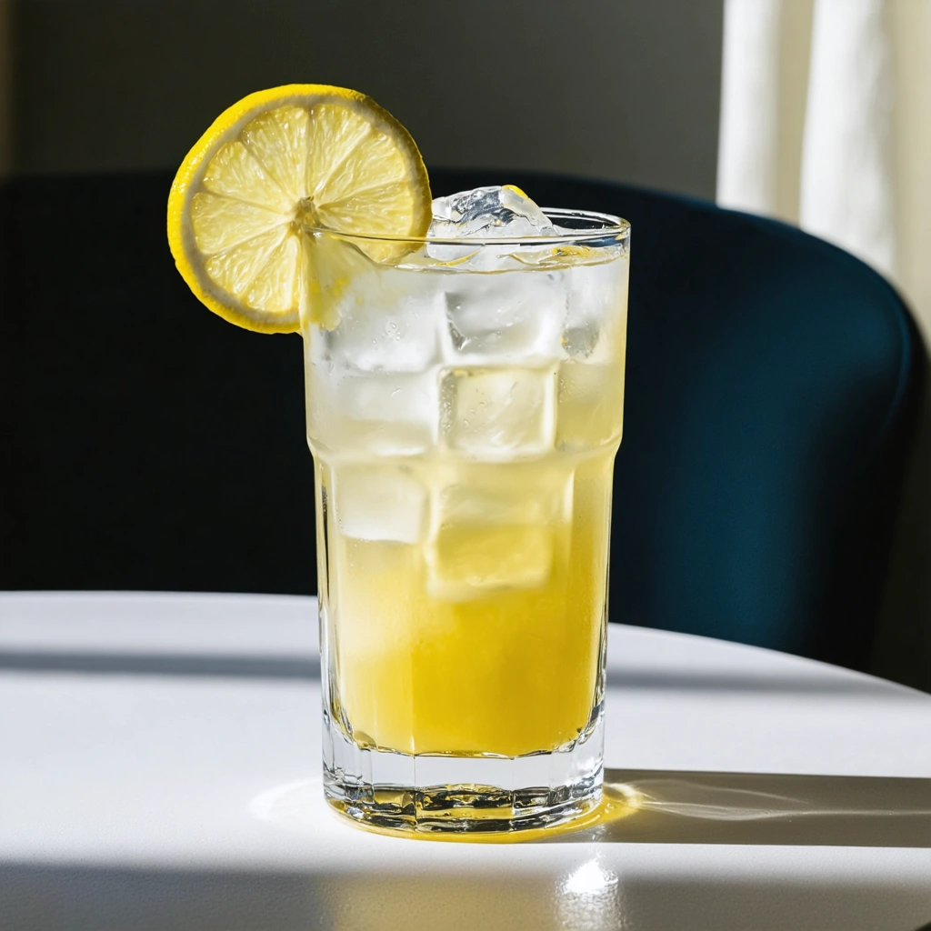 Un verre de Pulco citron avec glaçons et une tranche de citron, posé sur une table élégante dans une lumière naturelle